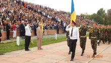 Rector of the University, Prof. Evstahii Kryzhanivskyi and the head of the Military Training Department, Col. Yurii Viaznitsev meet the solemn march of the cadets of the Military Training Department accompanied by a military band