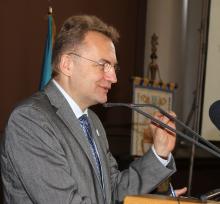 Mayor of Lviv Andrii Sadovyi delivers a speech